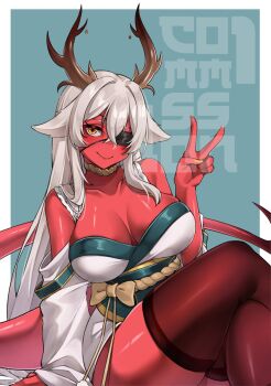 1girl azuri909 bare_shoulders blue_background blue_sash border breasts brown_thighhighs closed_mouth collarbone colored_skin commentary commission crossed_bangs double-parted_bangs english_commentary eyepatch hair_between_eyes hand_up highres horns indie_virtual_youtuber japanese_clothes kimono large_breasts long_hair long_sleeves looking_at_viewer one_eye_covered outside_border red_skin sash smile solo tail thighhighs v venara_cernos vgen_commission virtual_youtuber watermark white_border white_hair white_kimono yellow_eyes