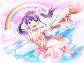 Rule 34 | 1girl, angel wings, barefoot, blue eyes, blue hair, blunt bangs, breasts, choker, cleavage, cloud, cupid, dress, earrings, flower, game cg, green choker, headpiece, holding, holding staff, jewelry, long hair, looking at viewer, medium breasts, official art, outstretched arms, pink dress, pink flower, pink rose, rainbow, rose, shoujo kageki revue starlight, shoujo kageki revue starlight -re live-, sidelocks, solo, staff, tsuyuzaki mahiru, twintails, wings, wrist cuffs