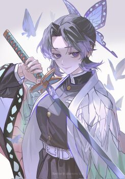 1girl black_hair black_jacket black_pants blue_butterfly breasts bug butterfly butterfly_hair_ornament butterfly_print_haori closed_mouth colored_tips demon_slayer_uniform gold_buttons hair_ornament hakama hakama_pants harenzero highres holding holding_sword holding_weapon insect jacket japanese_clothes katana kimetsu_no_yaiba kochou_shinobu medium_breasts multicolored_hair pants parted_bangs purple_eyes purple_hair sidelocks smile solo sword twitter_username updo upper_body weapon
