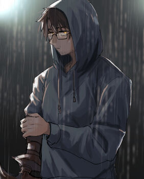 1boy alternate_costume arthropod_limbs backlighting beard_stubble black-framed_eyewear black-framed_glasses blurry blurry_background brown_hair casual closed_mouth cloud cloudy_sky contemporary dark dark_background drawstring dripping expressionless facial_hair glasses gregor_(project_moon) grey_hoodie hair_between_eyes half-closed_eyes highres holding_own_arm hood hood_down hood_up hoodie jitome kikkoinu limbus_company long_sleeves looking_at_viewer looking_to_the_side low_ponytail male_focus mature_male messy_hair night official_alternate_costume outdoors parted_bangs ponytail project_moon rain sanpaku semi-rimless_eyewear short_hair sky solo standing standing_in_rain stubble under-rim_eyewear upper_body water water_drop wet wet_clothes wet_hair yellow_eyes