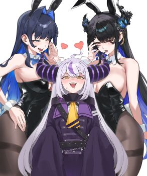 3girls @_@ absurdres ahoge alternate_costume animal_ear_hairband animal_ears asymmetrical_horns belt black_hair black_leotard black_pantyhose blue_bow blue_bowtie blue_eyes blue_hair blush bow bowtie braid braided_bangs breasts cleavage colored_inner_hair commentary covered_navel cuffs demon_horns detached_collar dress drooling english_commentary fake_animal_ears flat_chest flower flower_knot girl_sandwich grey_hair hair_intakes hair_ornament hairband heart highres hololive hololive_english horn_flower horns la+_darknesss la+_darknesss_(1st_costume) large_breasts leotard long_hair long_sleeves multicolored_hair multiple_girls neckerchief nerissa_ravencroft open_mouth ouro_kronii pantyhose playboy_bunny purple_dress purple_streaks rabbit_ear_hairband rabbit_ears red_eyes sandwiched shackles sidelocks simple_background sleeves_past_fingers sleeves_past_wrists standing strapless strapless_leotard streaked_hair striped_horns tassel tassel_hair_ornament thighband_pantyhose tongue tongue_out uneven_horns virtual_youtuber whispering white_background wrist_cuffs yellow_eyes yellow_neckerchief yulmu98999
