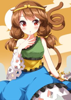 Rule 34 | 1girl, :o, bare shoulders, blue dress, blush, bracelet, circlet, cloud, commentary request, cowboy shot, detached sleeves, dress, frilled dress, frills, gold circlet, green dress, hand up, highres, jewelry, looking to the side, low twintails, medium hair, multicolored dress, open mouth, red eyes, ruu (tksymkw), single-shoulder dress, single detached sleeve, solo, son biten, tail, touhou, twintails, white sleeves, wide sleeves, yellow dress