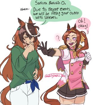 Rule 34 | 2girls, animal ears, asymmetrical gloves, bakushin o armpit gif (meme), belt, belt bow, black gloves, blush, blush stickers, breasts, brown hair, casual, closed eyes, commentary, confused, earrings, english commentary, epaulettes, flower in eye, ghostctytrffcjm, glasses, gloves, gold hairband, green shirt, green sweater, hairband, highres, horse ears, horse girl, horse tail, jewelry, long hair, long sleeves, meme, mismatched gloves, multicolored hair, multiple girls, neckerchief, open mouth, pants, parted lips, ponytail, purple eyes, sakura bakushin o (blossom in learning) (umamusume), sakura bakushin o (umamusume), shirt, shorts, single earring, sleeveless, smile, streaked hair, sweatdrop, sweater, symbol in eye, symboli rudolf (casual) (umamusume), symboli rudolf (umamusume), tail, talking, thighhighs, two-tone hair, umamusume, white gloves, white hair, white pants, yellow neckerchief