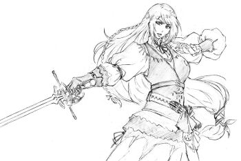 1girl braid breasts cow fighting_stance final_fantasy final_fantasy_xvi gloves greyscale hair_ribbon holding holding_sword holding_weapon jill_warrick kubo_tite_(style) long_hair long_skirt long_sleeves looking_at_viewer low-tied_long_hair medium_breasts monochrome neck_ribbon parted_lips puffy_long_sleeves puffy_sleeves rakusakugk ribbon shirt side_braid single_glove sketch skirt solo sword vest weapon white_background white_shirt