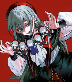 Rule 34 | 1girl, absurdres, ascot, bang dream!, bang dream! it's mygo!!!!!, beret, character doll, chinese commentary, commentary request, doll, earrings, green hair, hat, highres, jewelry, long hair, mortis (bang dream!), mortis (costume) (bang dream!), mortis (persona) (bang dream!), ne2op, open mouth, red eyes, red hat, shirt, sidelocks, simple background, teeth, upper body, wakaba mutsumi, white ascot, white shirt, yellow eyes