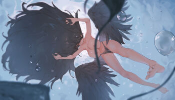 1girl air_bubble asphyxiation barefoot bikini black_bikini black_hair blue_archive breasts bubble censored convenient_censoring drowning hair_over_one_eye half-closed_eyes hasumi_(blue_archive) highres large_breasts long_hair nipples pointless_censoring rou_(rou22) swimsuit toe_scrunch topless_female underwater wardrobe_malfunction wings