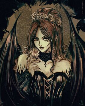 1girl bare_shoulders breasts castlevania:_symphony_of_the_night castlevania_(series) collarbone commentary corset demon_girl demon_wings english_commentary flower hair_flower hair_ornament highres lace large_breasts long_hair ralyncoyote red_hair smile solo succubus_(castlevania) underwear wings
