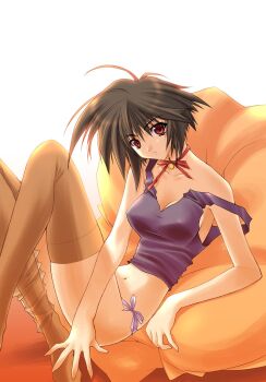 Rule 34 | 1girl, breasts, brown hair, female focus, highres, lingerie, medium breasts, midriff, no bra, panties, purple panties, red eyes, short hair, side-tie panties, solo, suzuhira hiro, tank top, thighhighs, underwear