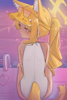 1girl absurdres animal_ears blonde_hair blue_archive fox_ears fox_tail halo high_(hgih) highres loli long_hair looking_at_viewer looking_back official_alternate_costume one-piece_swimsuit ponytail seia_(blue_archive) seia_(swimsuit)_(blue_archive) solo swimsuit tail visor_cap white_one-piece_swimsuit