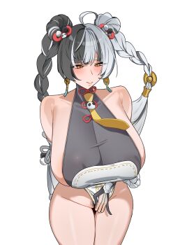 1girl absurdres adapted_costume ahoge alternate_breast_size_(larger) animal_print arm_behind_back armpit_crease bare_shoulders bear_print black_dress black_gloves black_hair blush braid breasts closed_mouth collarbone commentary_request covered_erect_nipples cowboy_shot detached_sleeves dialyn_(zenless_zone_zero) double_bun dress dress_tug earrings female_pubic_hair frilled_sleeves frills gloves grey_hair hair_bun hair_extensions hair_ornament half-closed_eyes halter_dress halterneck highres huge_breasts jewelry korean_commentary long_hair long_sleeves looking_ahead microdress milksaver multicolored_hair necktie no_panties panda_hair_ornament panda_print partially_fingerless_gloves pelvic_curtain print_dress pubic_hair ring_hair_extensions sideboob sideless_dress simple_background sleeveless sleeveless_dress solo split-color_hair standing thigh_gap twin_braids twintails two-tone_dress two-tone_hair two-tone_pubic_hair very_long_hair white_background white_dress white_pubic_hair yellow_eyes yellow_necktie zenless_zone_zero