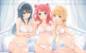 3girls absurdres arms_under_breasts black_hair blonde_hair blue_eyes blush bra braid breasts brown_hair cleavage collarbone commentary couch curtains fujinomiya_rio fujita_kotone gakuen_idolmaster green_eyes hair_ornament hair_ribbon hair_rings hanami_saki hand_on_another&#039;s_shoulder highres idolmaster indoors large_breasts light_frown lingerie long_hair looking_at_viewer maid_headdress medium_breasts multiple_girls navel on_couch open_mouth orange_eyes panties purple_eyes re;iris_(idolmaster) reaching reaching_towards_viewer ribbon sitting smile thong tsukimura_temari twin_braids two_side_up underwear underwear_only white_background white_bra white_panties window yellow_eyes