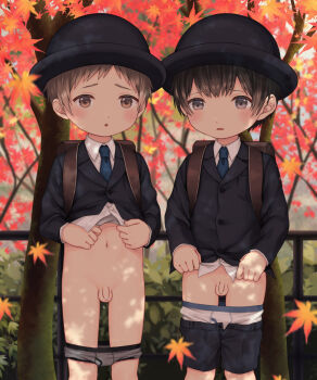 2boys :o alk autumn autumn_leaves bar_censor black_headwear blazer blue_necktie bowler_hat briefs brown_eyes brown_hair censored clothes_pull hat jacket leaf looking_at_viewer male_focus male_underwear male_underwear_pull multiple_boys necktie original outdoors parted_lips penis short_hair shorts shorts_pull shota small_penis standing testicles underwear very_short_hair
