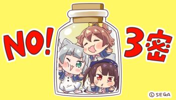 3girls against_glass beret blue_hat blue_shrug blunt_bangs blush bottle bow bowtie brown_hair buttons chibi closed_eyes commentary cone_hair_bun copyright_notice corked_bottle coronavirus_pandemic diagonal-striped_bow diagonal-striped_bowtie diagonal-striped_clothes diagonal-striped_necktie dress english_text face_against_glass fang flower glass_bottle green_eyes grey_hair hair_bow hair_bun hand_on_another&#039;s_head hat hinata_chinatsu in_bottle in_container kashiwagi_mia mixed-language_text multiple_girls necktie no official_art one_eye_closed ongeki open_mouth pink_bow pink_bowtie pink_necktie ponytail public_service_announcement red_eyes school_uniform shinonome_tsumugi_(ongeki) short_hair short_ponytail shrug_(clothing) skin_fang small_sweatdrop striped_bow striped_bowtie striped_clothes sunflower thighhighs white_dress white_thighhighs yellow_background yellow_bow