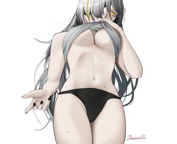 1girl artist_name black_nails black_panties breasts cleavage closed_mouth clothes_lift commentary darkpulsegg english_commentary eyepatch feet_out_of_frame from_below girls&#039;_frontline grey_hair grey_lips grey_shirt hair_between_eyes highres lips long_hair looking_at_viewer m16a1_(boss)_(girls&#039;_frontline) m16a1_(girls&#039;_frontline) medium_breasts mole mole_on_arm mole_on_stomach mole_on_thigh multicolored_hair nail_polish navel no_bra panties shirt shirt_lift simple_background solo standing streaked_hair underboob underwear white_background yellow_eyes
