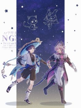 2boys animal_print animalization armor arms_at_sides belt bird_print black_belt black_bodysuit black_boots black_bow black_bridal_gauntlets black_coat black_hair black_horns black_sandals black_shirt black_shorts black_sleeves black_tail blue_cape blue_gemstone blue_hat blue_kimono blue_sleeves blunt_ends bodysuit boots bow bridal_gauntlets bright_pupils cape chest_jewel coat coattails collar constellation crossed_bangs dragon_boy dragon_horns dragon_tail dragon_wings feathers full_body furisode gem genshin_impact gloves glowing_gem gold gold_ring hair_between_eyes hakama hakama_shorts hat heart-shaped_gem highres holding_another's_wrist horns japanese_armor japanese_clothes jingasa juban kimono knee_boots kote kurokote layered_sleeves leg_warmers long_sleeves looking_at_another low_wings lower_teeth_only mandarin_collar middle_ring mini_durin_(dragon)_(genshin_impact) mini_durin_(genshin_impact) mini_durin_(human)_(genshin_impact) multiple_boys open_clothes open_coat open_kimono open_mouth pants person_and_animalization pink_hair pleated_shorts pom_pom_(clothes) pulling purple_eyes purple_horns purple_rope purple_sash purple_vest purple_wings red_eyes red_gemstone rinbo_7140 rope sandals sash scaramouche_(cat)_(genshin_impact) scaramouche_(genshin_impact) shirt short_sleeves shorts shoulder_peek star_(sky) starry_sky_background tail tassel teeth toenails toes twitter_username two-sided_horns undershirt vest wanderer_(genshin_impact) white_collar white_gloves white_kimono white_leg_warmers white_pants white_pupils white_sleeves white_trim wings yellow_feathers zouri