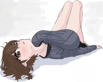 1girl black_skirt blush breasts brown_hair dress_shirt eyes_visible_through_hair frown girls_und_panzer grey_shirt hair_between_eyes highres kuromorimine_school_uniform large_breasts long_sleeves looking_at_viewer lying medium_breasts miniskirt nishizumi_maho open_mouth pleated_skirt school_uniform shirt short_hair simple_background skirt solo the_lipid_guy_(ponta) white_background wing_collar