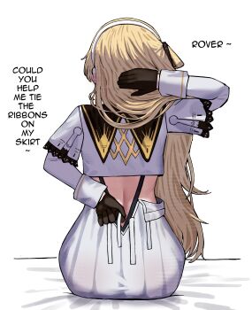 1girl 2na_(blue2na) absurdres ass black_gloves blonde_hair commentary english_text from_behind gloves hairband highres long_hair long_sleeves median_furrow phoebe_(wuthering_waves) shirt simple_background sitting skirt solo symbol-only_commentary whip white_hairband white_shirt white_skirt wuthering_waves