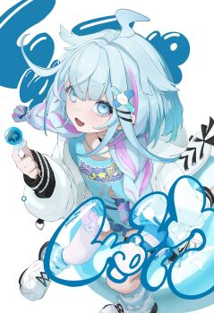 1girl ahoge blue_eyes blue_hair blue_shirt blue_shorts braid candy commentary_request edge_ill food full_body hair_ornament hairclip heart heart_o-ring highres holding holding_candy holding_food holding_lollipop hololive hololive_dev_is jacket lightning_ahoge lollipop long_hair long_sleeves looking_at_viewer mizumiya_su mizumiya_su_(1st_costume) multicolored_hair o-ring o-ring_thigh_strap open_clothes open_jacket open_mouth parallel_hairclips pink_streaks shirt shoes shorts sitting smile solo streaked_hair thigh_strap twin_braids virtual_youtuber white_jacket white_shoes