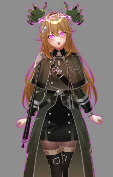 1girl absurdres alternate_eye_color arms_at_sides belt blonde_hair blush boots brain_control_(yu-gi-oh!) brown_hair coat commentary_request cowboy_shot dress drooling duel_monster empty_eyes exosister_elis glowing glowing_eyes grey_background hair_between_eyes hair_ornament halo head_tilt highres leiva long_hair mind_control open_mouth original pantyhose pink_eyes simple_background single_shoulder_pad skirt solo_focus star_(symbol) star_hair_ornament thigh_boots thighhighs twitching yu-gi-oh!