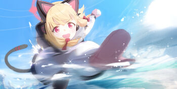 1girl :d absurdres animal_ear_headphones animal_ears arm_up black_pantyhose blonde_hair blue_archive blurry blush boots bow cat_ear_headphones cat_ears cat_tail chinese_commentary coat commentary_request day fake_animal_ears fake_tail feet_up film_grain floating_hair foreshortening hair_bow halftone halo headphones highres holding holding_snowball hood hood_down hooded_coat long_sleeves looking_at_viewer low-tied_sidelocks medium_hair mittens momoi_(blue_archive) momoi_(winter)_(blue_archive) motion_blur motion_lines official_alternate_costume open_mouth outdoors outstretched_arms pantyhose pink_eyes pink_halo pink_mittens puffy_long_sleeves puffy_sleeves purple_coat red_bow scarf sidelocks sky smile snowball snowball_fight solo sparkle tail teeth throwing upper_teeth_only v-shaped_eyebrows water white_scarf winter winter_clothes winter_coat xiao_sa_(hayatekkk) zipper zipper_pull_tab