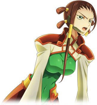 1girl artist_request bangs_pinned_back bodysuit bodysuit_under_clothes breasts brown_hair chinese_clothes clothing_cutout code_geass code_geass:_lost_stories collarbone covered_navel cropped_torso earpiece female_focus forehead game_cg green_bodysuit green_eyes hair_tie hair_tubes leaning_forward long_hair long_sleeves medium_breasts non-web_source official_art open_mouth quad_tails shrug_(clothing) simple_background skin_tight solo standing teeth transparent_background v-shaped_eyebrows zhou_xianglin