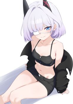 1girl absurdres arm_support armpit_crease arms_at_sides bare_legs black_horns black_jacket black_shirt black_skirt blue_eyes blush closed_mouth collarbone commentary_request commission crop_top cropped_shirt eyepatch feet_out_of_frame from_above grey_hair hair_intakes highres horns jacket jacket_partially_removed looking_at_viewer looking_up medical_eyepatch miniskirt navel oldsickkim one_eye_covered original parted_bangs shirt short_hair simple_background sitting skirt sleeveless sleeveless_shirt smile solo spaghetti_strap stomach straight_hair white_background