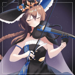 Rule 34 | 1girl, absurdres, amiya (arknights), animal ears, arknights, black cape, black dress, black gloves, black hat, blue bow, blue hat, blue nails, bow, bow (music), braid, brown hair, cape, closed eyes, closed mouth, commentary request, dr.lamina, dress, ears through headwear, fingernails, frilled hat, frills, gloves, gradient cape, gradient clothes, grey cape, hair between eyes, half gloves, hat, hat bow, highres, holding, holding bow (music), instrument, jewelry, light particles, long hair, music, nail polish, playing instrument, purple cape, rabbit ears, rabbit girl, ring, single glove, smile, solo, standing, strapless, strapless dress, two-sided cape, two-sided fabric, two-sided headwear, upper body, violin, witch hat