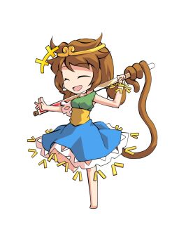 Rule 34 | 1girl, barefoot, blue skirt, breasts, brown hair, chibi, chibi only, circlet, commentary request, dairi, full body, green shirt, holding, holding test tube, large variant set, low twintails, medium hair, monkey tail, shirt, simple background, skirt, solo, son biten, standing, standing on one leg, tachi-e, tail, test tube, touhou, transparent background, twintails, variant set