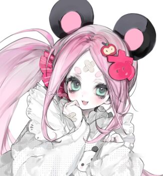 1girl 4b_pixel :3 animal_ears animal_print apple_hair_ornament bandages bear_print dress fake_animal_ears fang food-themed_hair_ornament forehead frills green_eyes hair_ornament middle_part original panda_ears panda_print parted_bangs pink_hair short_eyebrows side_ponytail solo upper_body white_background white_dress