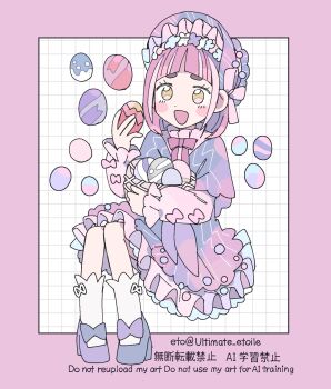 1girl :d alternate_costume arched_bangs bonnet border bow bowtie capelet dress easter_egg egg frilled_bonnet frilled_dress frills full_body highres lacey_(pokemon) long_sleeves looking_at_viewer nintendo open_mouth pink_border pink_bow pink_bowtie pink_hair pokemon pokemon_sv purple_bonnet purple_capelet purple_dress purple_shoes remoooon shoes simple_background sitting smile socks solo white_background white_socks yellow_eyes