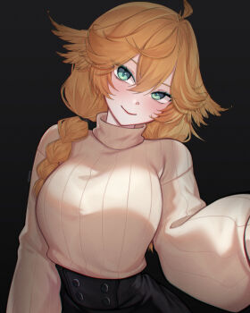 1girl alternate_costume aqua_eyes black_background black_skirt blonde_hair braid breasts dokibird hair_between_eyes highres indie_virtual_youtuber large_breasts long_hair looking_at_viewer shirt_tucked_in simple_background single_braid skirt smile solo sweater upper_body virtual_youtuber vonshia white_sweater