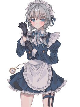 1girl amatukimahoro apron black_gloves blue_dress blue_eyes blush braid commentary dress expressionless frills gloves highres izayoi_sakuya long_sleeves maid maid_apron maid_headdress medium_hair pocket_watch shirt solo thigh_strap touhou twin_braids twitter_username watch white_hair white_shirt