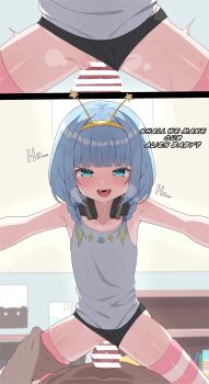 1boy 1girl absurdres bar_censor blue_hair censored clothing_aside cowgirl_position headphones hetero highres jelly_hoshiumi loli onion_(tamanegi) panties panties_aside penis phase_connect pov sex straddling thighhighs underwear vaginal virtual_youtuber