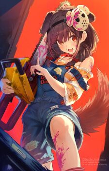 1girl absurdres animal_ears blood brown_hair chainsaw dog_ears dog_girl dog_tail fang highres hololive inugami_korone overalls solo tail tsubameno