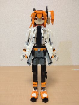 Rule 34 | 1girl, a.i. voice, adachi rei, arms at sides, belt, belt buckle, black leggings, black shirt, buckle, choroli (chorolin), drawstring, full body, gloves, grey shorts, hair ribbon, headlamp, highres, jacket, leggings, lego (medium), long sleeves, looking at viewer, medium hair, one side up, open clothes, open jacket, orange belt, orange eyes, orange hair, orange shoes, radio antenna, ribbon, shirt, shoes, shorts, solo, standing, straight-on, unconventional media, utau, white gloves, white jacket, white ribbon