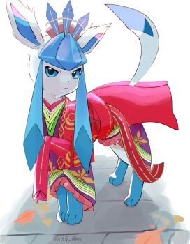 135_daso autumn_leaves blue_eyes closed_mouth commentary_request crown gen_4_pokemon glaceon glaceon_(graceful) highres japanese_clothes kimono leaf looking_at_viewer nintendo no_humans pokemon pokemon_(creature) pokemon_unite simple_background standing twitter_username white_background
