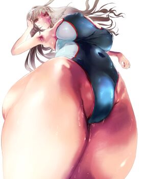 1girl armpits artist_request ass black_choker black_one-piece_swimsuit breasts choker cleavage closed_mouth competition_swimsuit covered_navel curvy expressionless fat_mons goddess_of_victory:_nikke goggles goggles_on_head highleg highleg_one-piece_swimsuit highres huge_ass juju_(poipoipui) large_breasts light_brown_hair long_hair low_angle multicolored_swimsuit narrow_waist official_alternate_costume one-piece_swimsuit orange_eyes perspective rapi_(classic_vacation)_(nikke) rapi_(nikke) shiny_skin simple_background solo swimsuit thick_thighs thighs very_long_hair wet white_background white_one-piece_swimsuit wide_hips