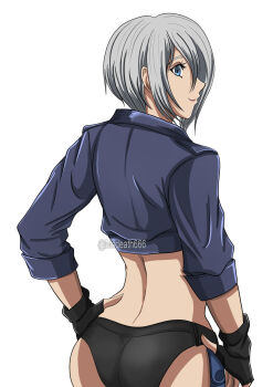 1girl angel_(kof) ass blue_eyes from_behind gloves huge_ass looking_at_viewer looking_back pale_skin panties short_hair standing the_king_of_fighters thick_thighs thighs underwear white_hair