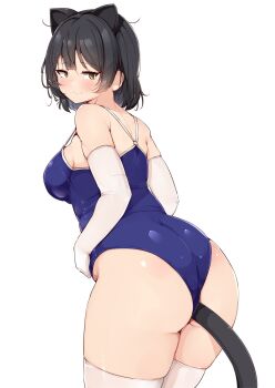 1girl animal_ears ass black_hair blue_one-piece_swimsuit blush breasts brown_eyes cat_ears cat_tail elbow_gloves from_behind gloves hands_on_own_stomach huge_ass looking_back medium_breasts one-piece_swimsuit original plump shinonon_(iso_shino) short_hair solo standing sweat swimsuit tail thick_thighs thighhighs thighs white_background white_gloves white_thighhighs