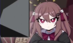 2girls ahoge angry animated applisaur audible_speech black_cardigan blue_eyes bow broken_heart broken_heart_hair_ornament brown_hair cardigan child computer english_audio evil_neuro-sama hair_ornament heart heart_hair_ornament indie_virtual_youtuber miniskirt multiple_girls neuro-sama red_bow red_eyes room siblings sisters skirt slapping sound subtitled sweater tagme twins twintails video virtual_youtuber