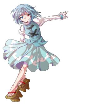 1girl alphes_(style) breasts commentary_request dairi full_body geta juliet_sleeves large_variant_set long_sleeves outstretched_arm parody puffy_sleeves shirt skirt skirt_set solo style_parody tachi-e tatara_kogasa toes touhou transparent_background umbrella variant_set vest