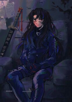 Rule 34 | 1girl, armchair, belt, black gloves, black hair, black jacket, black shirt, blood, blood on face, blood on wall, blue pants, chair, child's drawing, closed mouth, collared shirt, dark room, feet out of frame, formal clothes, glitch, gloves, highres, indoors, jacket, kickthat can, limbus company, long hair, long sleeves, multicolored hair, ootachi, pants, parted bangs, pinky (identity) (project moon), project moon, purple jacket, purple pants, purple streaks, red eyes, ryoshu (project moon), scabbard, sheath, sheathed, shirt, sidelocks, sitting, solo, streaked hair, suit, sword, thigh belt, thigh strap, very long hair, wavy hair, weapon