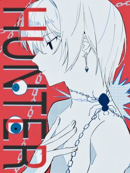 1boy closed_mouth copyright_name disembodied_eye earrings from_side greyscale_with_colored_background hashtag-only_commentary highres hunter_x_hunter jewelry kurapika male_focus neck_tattoo red_background sevenlistening short_hair solo spider_tattoo tattoo upper_body