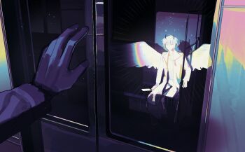 1boy 1other black_gloves coat commentary demon_horns dutch_angle english_commentary gloves highres horns kim_dokja lens_flare light_rays ma_someru omniscient_reader&#039;s_viewpoint open_clothes open_coat phone popped_collar pov pov_hands rainbow reaching reaching_towards_another shadow short_hair sitting sky space star_(sky) starry_sky train_interior white_coat white_hair yoo_joonghyuk