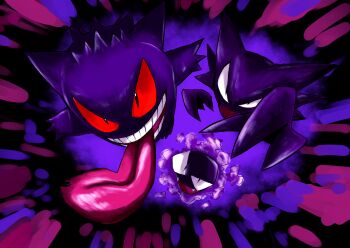 Rule 34 | black eyes, colored sclera, commentary request, evolutionary line, fangs, gastly, gen 1 pokemon, gengar, ghost, haunter, highres, nintendo, no humans, open mouth, pokemon, pokemon (creature), pokemon focus, pokemon rgby, rayman limbs, red sclera, smoke, teeth, tongue, user hmrm3822