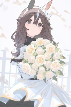 1girl absurdres animal_ears ashinowoto blush bouquet braid brown_hair closed_mouth commentary_request crossed_arms curren_bouquetd&#039;or_(umamusume) dress ear_covers flower gloves grey_eyes hair_between_eyes hairband highres holding holding_bouquet horse_ears horse_girl long_hair looking_at_viewer low_twin_braids mismatched_ear_covers revision smile solo twin_braids umamusume white_dress white_gloves white_hairband
