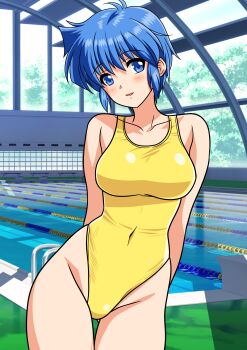 1girl absurdres arms_behind_back blue_eyes blue_hair commentary_request covered_navel cowboy_shot glass_ceiling highleg highleg_one-piece_swimsuit highres indoors lane_line nijino_saki one-piece_swimsuit pool short_hair solo swimsuit tokimeki_memorial tokimeki_memorial_1 yellow_one-piece_swimsuit yuuyuu_(3jjbn)