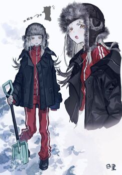 1girl :d black_boots black_jacket blonde_hair blush boots breath colored_eyelashes commentary_request cropped_torso flipped_hair from_side full_body fur-trimmed_headwear fur_trim gakuen_idolmaster gradient_hair grey_hair hat highres hisato_00 holding holding_shovel idolmaster jacket long_hair long_sleeves looking_at_viewer multicolored_hair multiple_views open_clothes open_jacket open_mouth orange_eyes outdoors pants red_jacket red_pants red_track_suit shinosawa_hiro shovel signature smile snow snow_shovel standing striped_clothes striped_jacket striped_pants track_suit translated unbuttoned upper_body ushanka winter_clothes zipper zipper_pull_tab