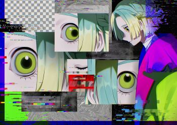 Rule 34 | 1other, androgynous, blonde hair, braid, checkered background, close-up, coat, commentary, crown braid, eye focus, from side, glitch, gnosia, gradient hair, green coat, green eyes, green hair, hashtag-only commentary, highres, looking at viewer, looking to the side, looking up, multicolored coat, multicolored hair, purple coat, two-tone coat, upper body, yuri (gnosia), yuyuno (yubikiri uuu)