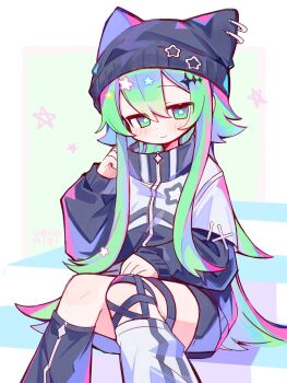 Rule 34 | 1girl, animal hat, artist name, asymmetrical legwear, black hat, black jacket, black shorts, black socks, blush, border, cat hat, closed mouth, commentary request, dot nose, double-parted bangs, feet out of frame, green background, green eyes, green hair, hair between eyes, hair flaps, hat, highres, jacket, kneehighs, long hair, long sleeves, looking at viewer, mismatched legwear, multicolored jacket, original, outside border, short shorts, shorts, sitting, smile, socks, solo, star-shaped pupils, star (symbol), symbol-shaped pupils, track jacket, two-tone jacket, uenomigi, white border, white jacket, white socks